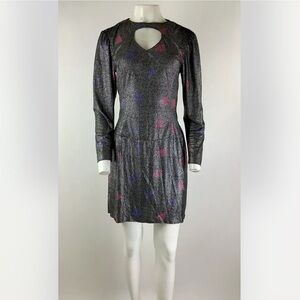 Vintage 80's Rimini Sz 10 Metallic Geometric Print Drop Hem Dress Gray Cutout